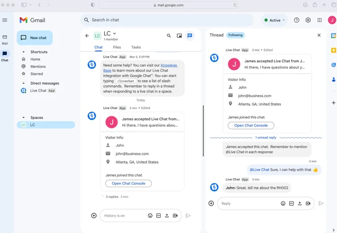 Google live chat integration showing website visitor chatting with support team via Google Chat